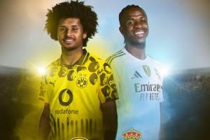 本来做的贝林兄弟对决多特战皇马海报：阿德耶米PK维尼修斯